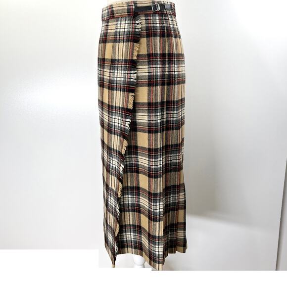 Vintage Plaid Tartan Irish Wool Midi Pleated Wrap Skirt Tan - Picture 5 of 8